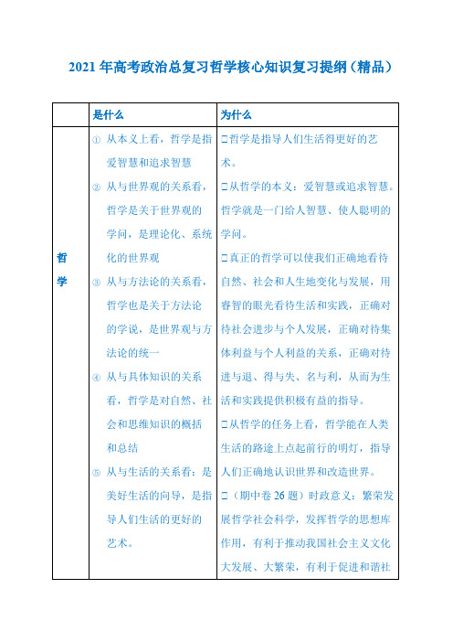 2021年高考政治总复习哲学核心知识复习提纲(精品)