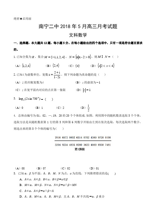 广西南宁第二中学2018届高三5月月考数学(文)试卷(含答案)