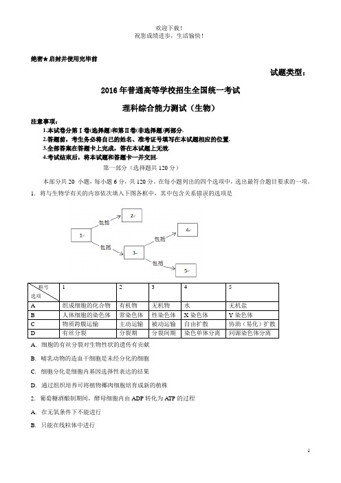 2016年普通高等学校招生全国统一考试理综(生物部分)试题(北京卷,无答案)