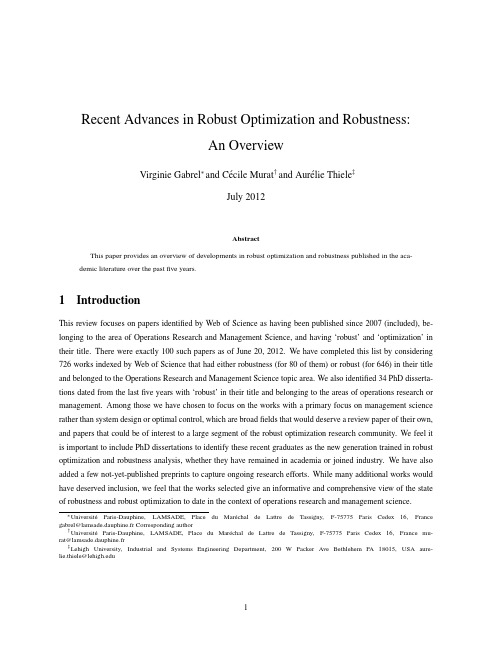 最近鲁棒优化进展Recent Advances in Robust Optimization and Robustness An Overview