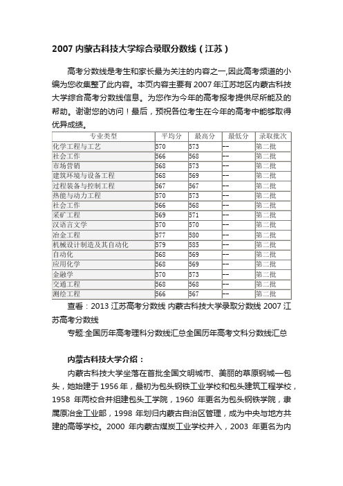 2007内蒙古科技大学综合录取分数线（江苏）