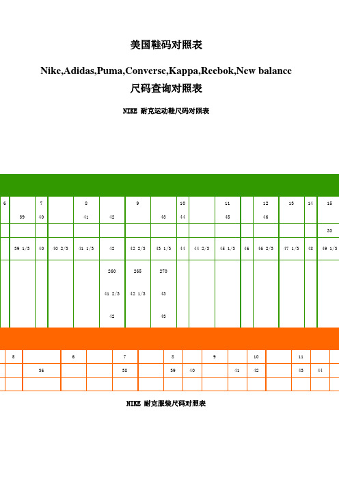 美国鞋码对照表