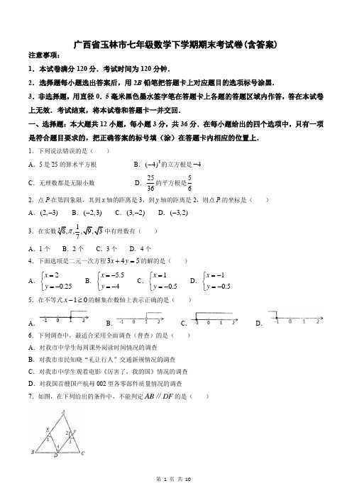 广西省玉林市七年级数学下学期期末考试卷(含答案)