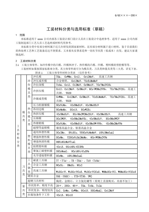 工装材料分类与选用标准(试行稿)