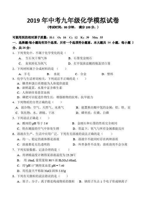 2019年中考九年级化学模拟试卷及答案