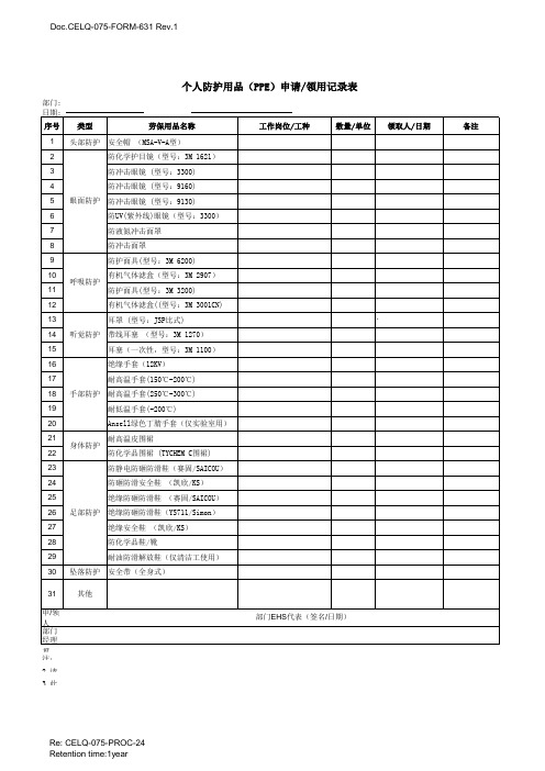 个人防护用品(PPE)申请-领用记录表及附件