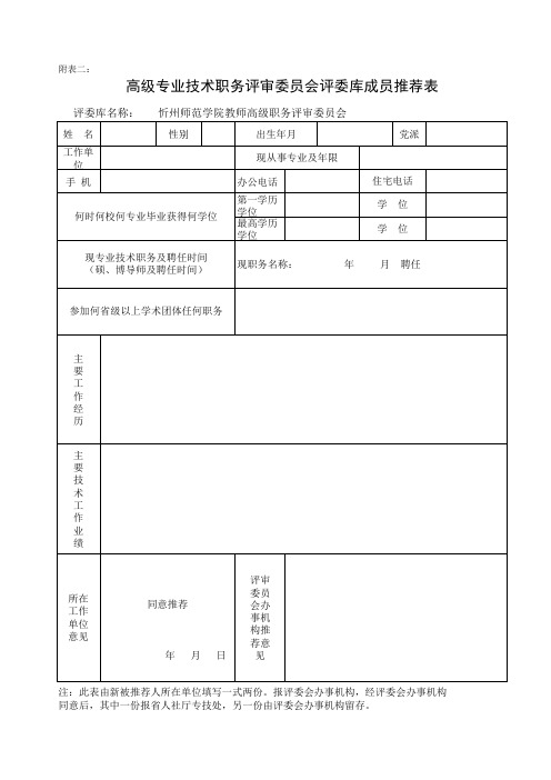 高级专业技术职务评审委员会评委库成员推荐览表