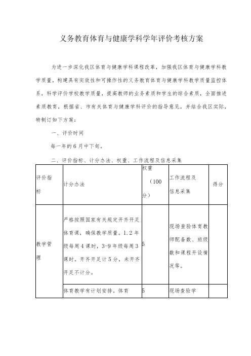 义务教育体育与健康学科评价考核方案