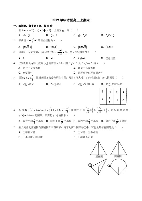 2019学年诸暨高三上期末