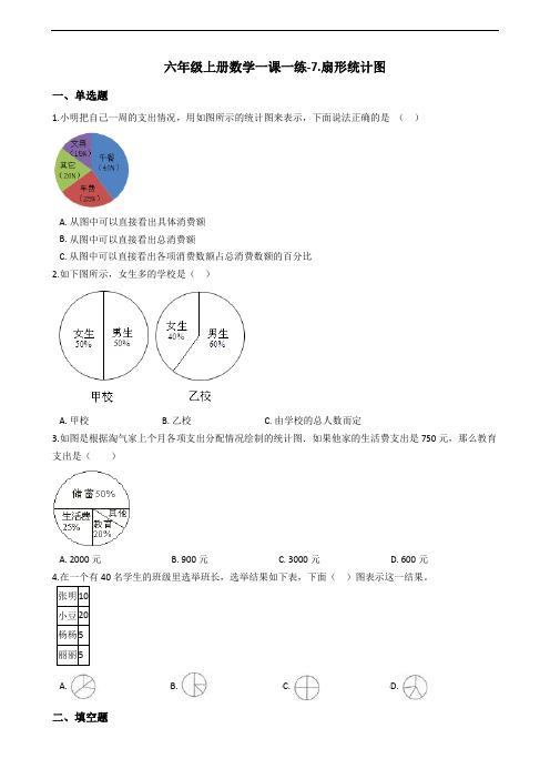 六年级上册数学一课一练-7.扇形统计图 冀教版(2014秋)(含答案)