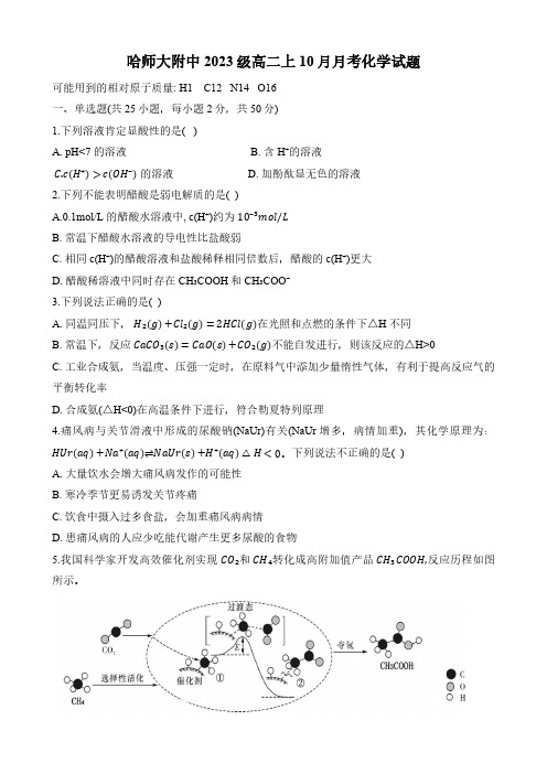 黑龙江省哈尔滨市师大附中2023级高二上学期10月阶段性考试化学试卷