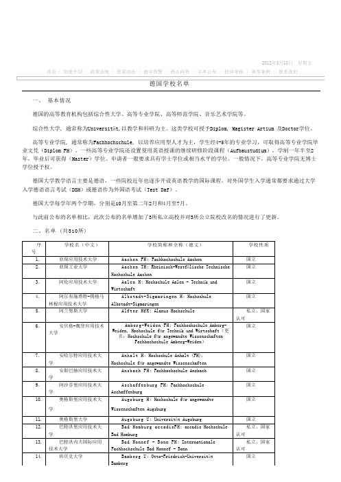 德国大学名称中文翻译