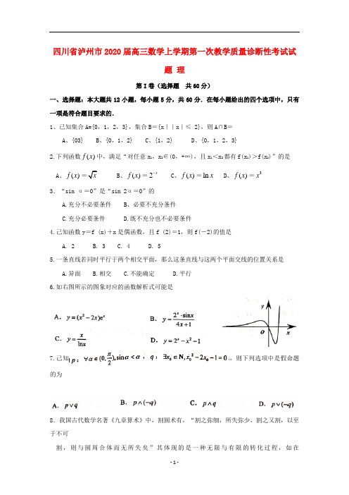 四川省泸州市2020届高三数学上学期第一次教学质量诊断性考试试题 理