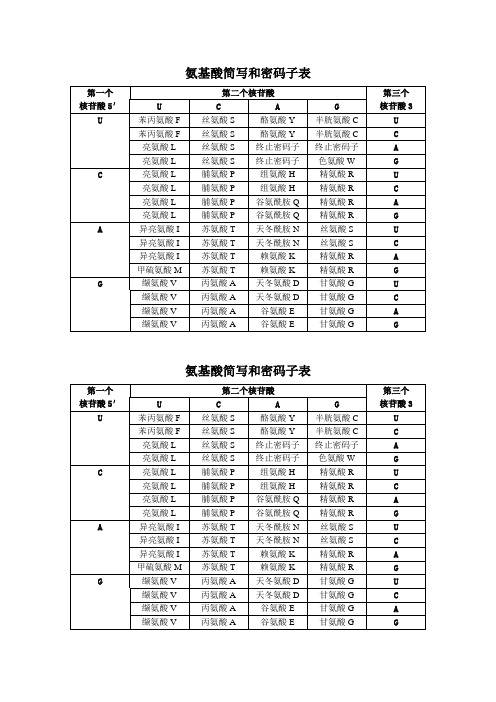 氨基酸简写和密码子表