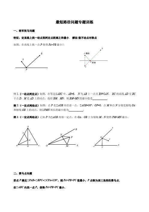 中考最短路径问题专题训练(将军饮马-胡不归-瓜豆原理-辅助圆-费马点)