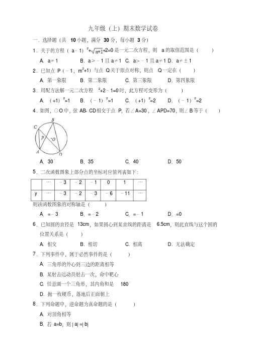 2019-2020年人教版九年级上册期末数学模拟试卷(有答案)【优质版】