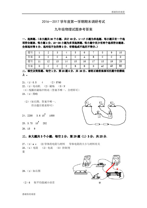 2016—2017学年度第一学期期末调研考试九年级物理试题参考答案.doc