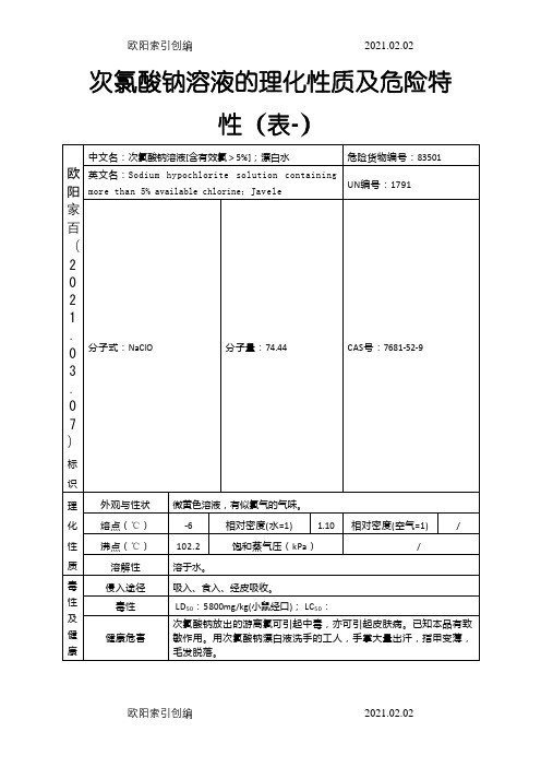 次氯酸钠溶液的理化性质及危险特性(表-)之欧阳家百创编