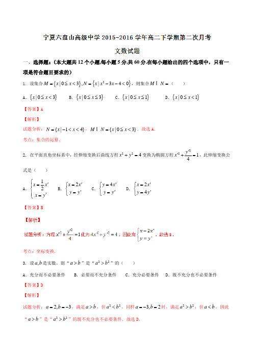 精品：【全国百强校】宁夏六盘山高级中学2015-2016学年高二下学期第二次月考文数试题(解析版)