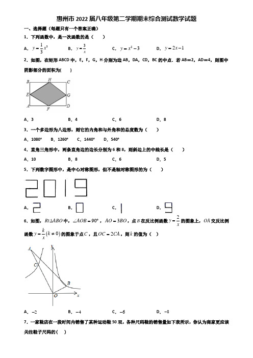 惠州市2022届八年级第二学期期末综合测试数学试题含解析