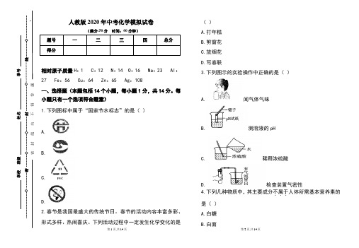 人教版2020年中考化学模拟试题及答案