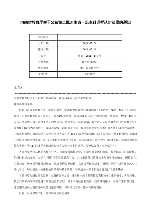 河南省教育厅关于公布第二批河南省一流本科课程认定结果的通知-教高〔2021〕174号