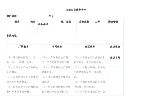 三级安全教育卡片