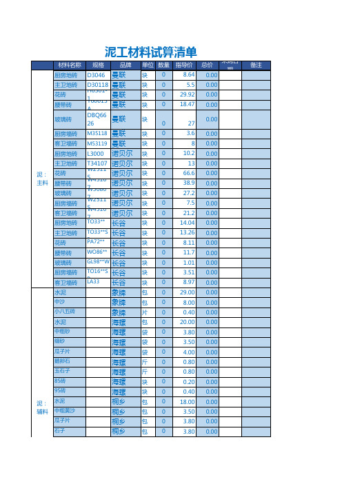 装修泥工材料试算清单