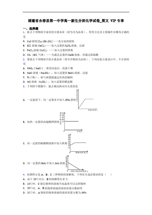 福建省永春县第一中学高一新生分班化学试卷_图文 VIP专享