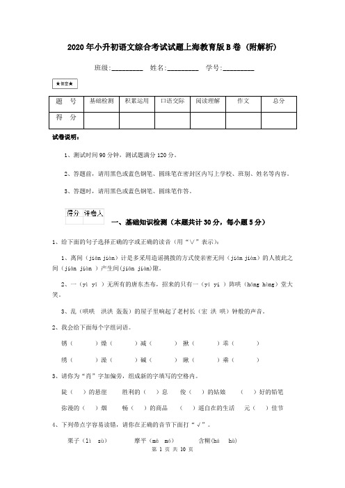 2020年小升初语文综合考试试题上海教育版B卷 (附解析)