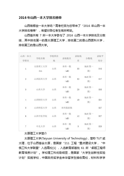 2016年山西一本大学排名榜单