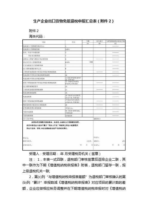 生产企业出口货物免抵退税申报汇总表（附件2）