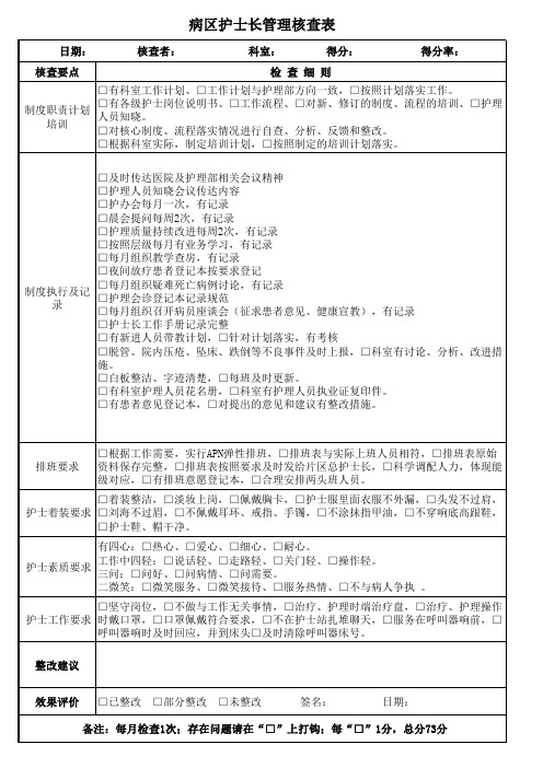 病区护士长护理管理核查表