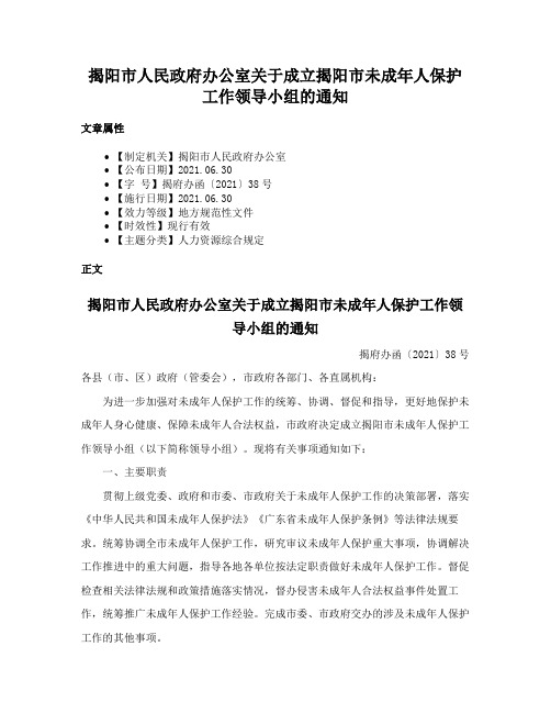 揭阳市人民政府办公室关于成立揭阳市未成年人保护工作领导小组的通知