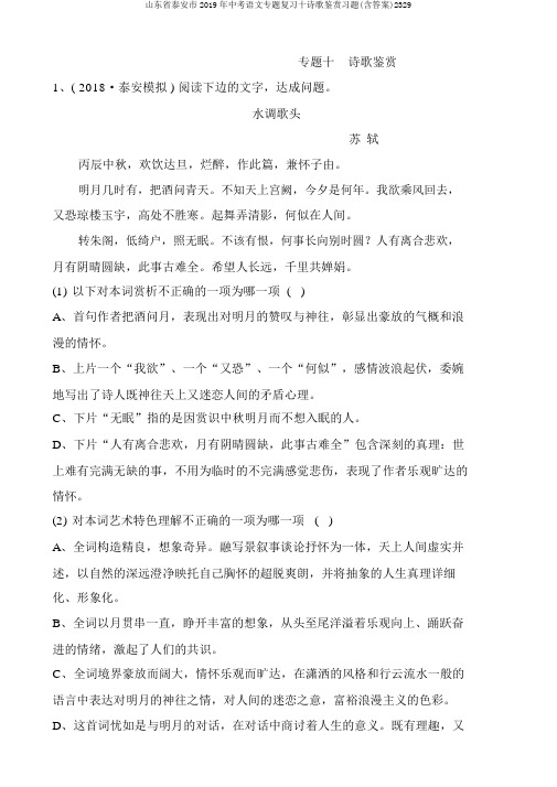 山东省泰安市2019年中考语文专题复习十诗歌鉴赏习题(含答案)2329