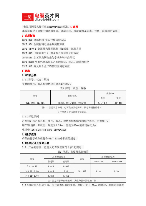 电缆用铜带执行标准GB11091