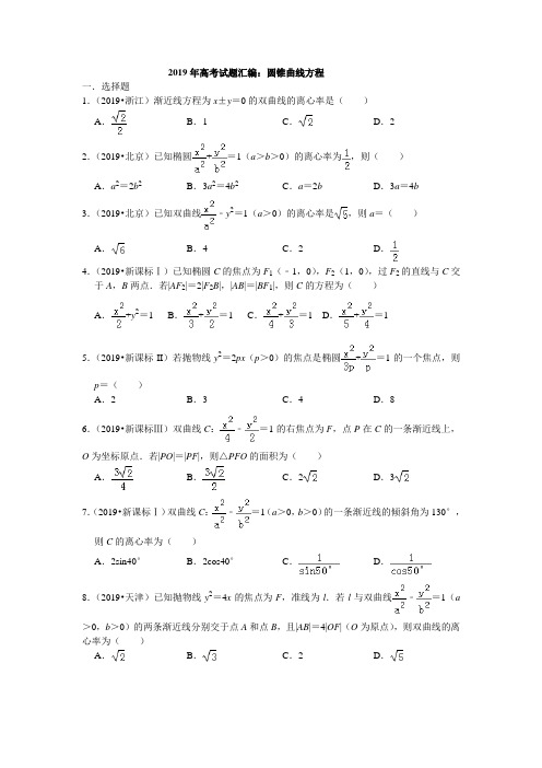 2019年高考试题汇编：圆锥曲线