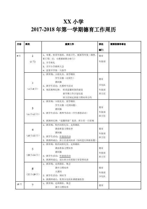 最新中小学校2017-2018年第一学期德育工作周历(超级详细)