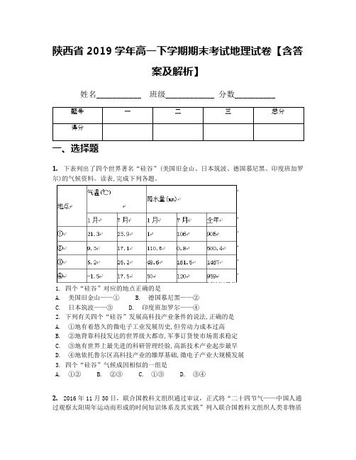 陕西省2019学年高一下学期期末考试地理试卷【含答案及解析】(2)