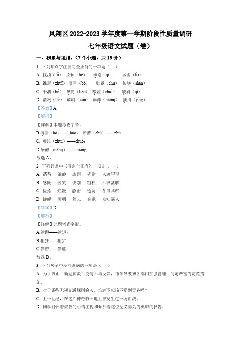 陕西省宝鸡市凤翔区2022-2023学年七年级上学期期中 语文试题(解析版)