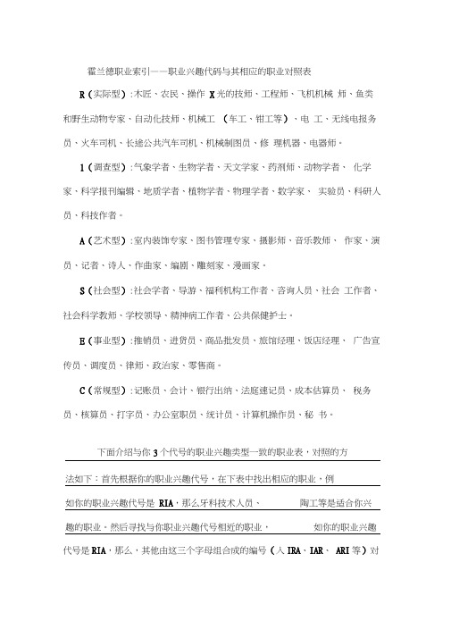 霍兰德职业代码对照表