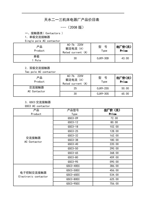 天水二一三工控产品价格表-2008