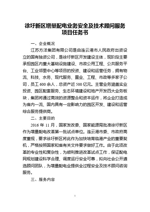 徐圩新区增量配电业务安全及技术顾问服务项目任务书