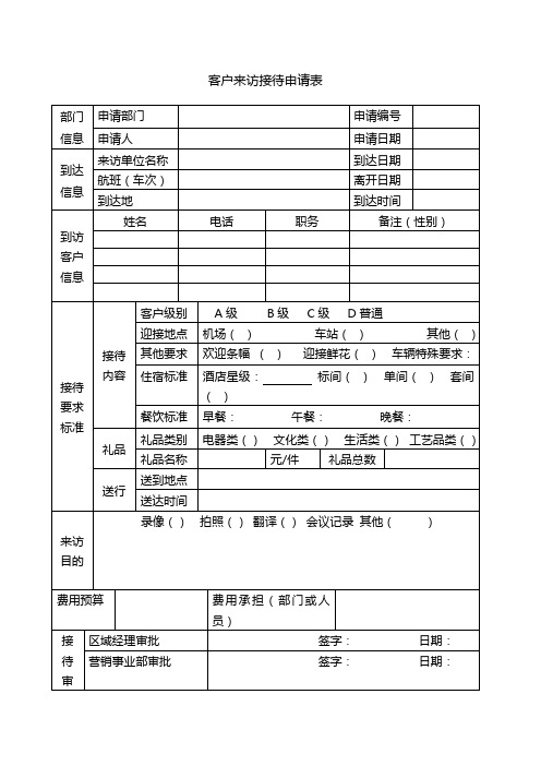 客户来访接待申请表