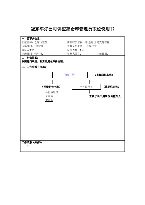 冠东车灯公司供应部仓库管理员职位说明书