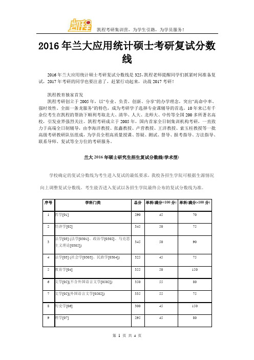 2016年兰大应用统计硕士考研复试分数线