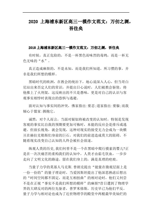 2020上海浦东新区高三一模作文范文：万仞之渊,吾往矣