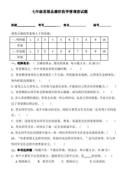 七年级思想品德阶段性学情调查试题