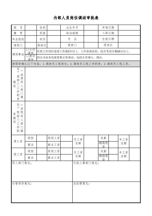 内部人员岗位调动审批表