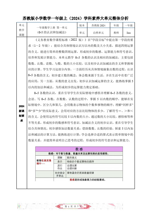 苏教版新教材一上数学《第一单元0-5的认识和加减法》大单元整体分析